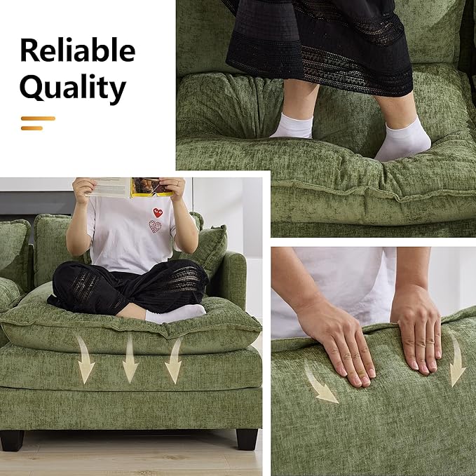 113'' V Shaped Cloud Sectional Sofa, Oversized Deep Seat Couches for Living Room, Chenille Comfy Upholstered Modular Sectional Sofa Couch with 2 Movable Ottoman, Green