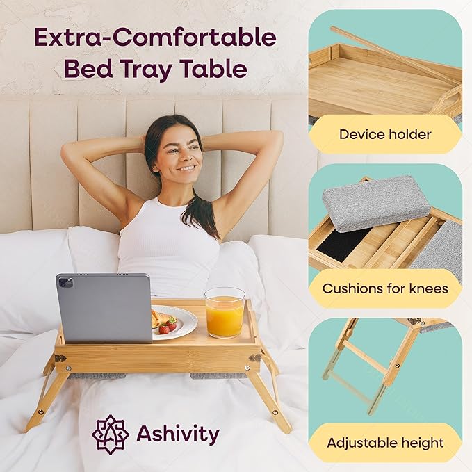 Breakfast in Bed Tray Lap Desk | Ergonomic Bamboo Bed Table Tray for Work, Rest | Comfortable Bed Desk w/Foldable Legs, Phone Holder, Cushions, Anti-Spill Edges | Adjustable Laptop Table/Lap Tray