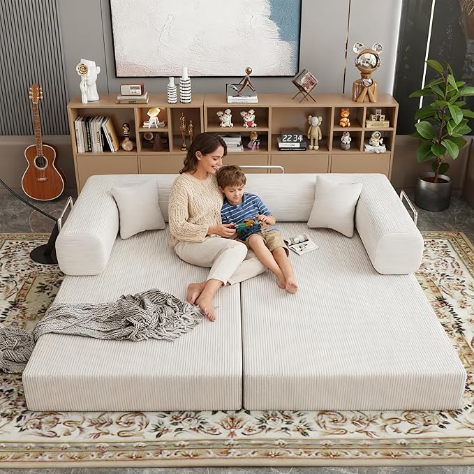 Modern Floor Sofa Bed with Bolster Pillows, Couch Bed,Foldable Sofa bigsize Sofa Convertible Lounger, Beige Corduroy