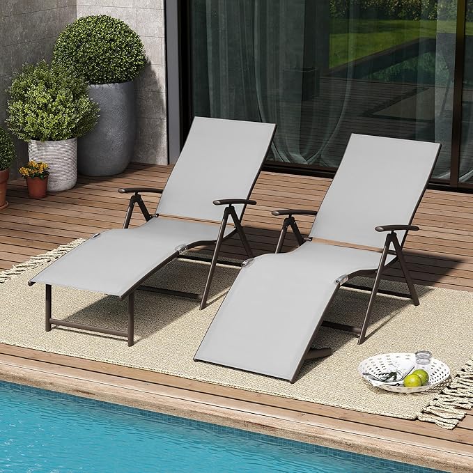 VredHom 2PCS Patio Chaise Lounge Outdoor Adjustable Folding Lounge Chair Recliner with 8 Adjustable Backrest Positions for Pool Beach Yard, Light Grey Textliene & Brown Aluminum Frame