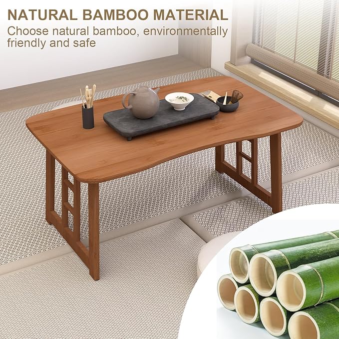 Japanese Bamboo Folding Floor Table for Sitting on Floor, Tatami Table Foldable, No Assembly, Low Tables for Small Spaces Living Room/Portable Zen Chabudai for Meditation - Walnut