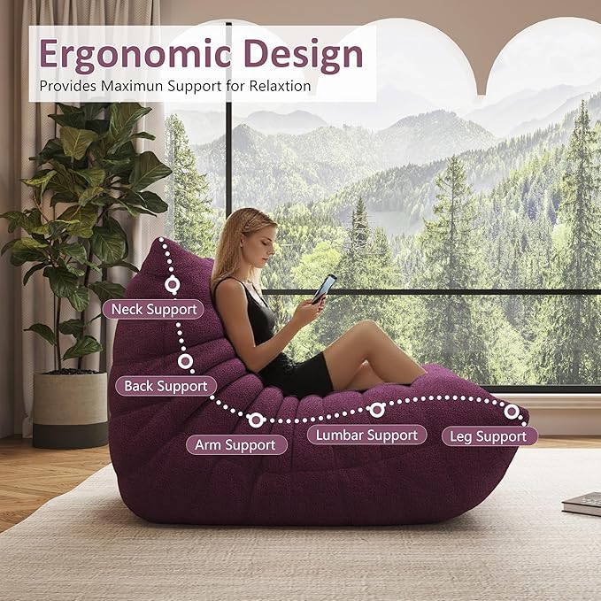Bean Bag Chair, Oversized Bean Bag Chair for living Room, Fireside Chair for adults with Memory Foam Filled, Big Accent Sofa Lounge Floor Sofa for Gaming, Reading, Relax, No Assembly Required (Purple)