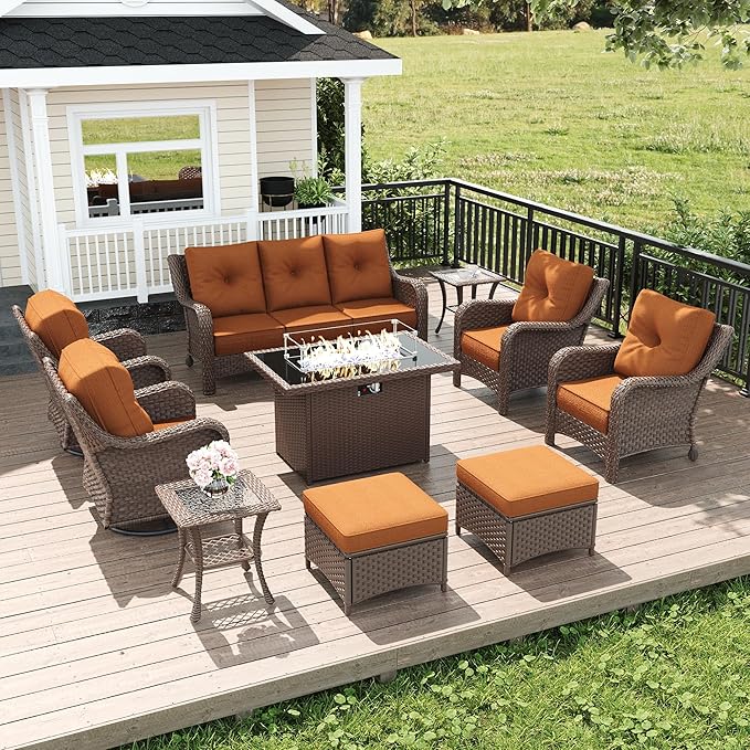 LayinSun 10 Piece Wicker Outdoor Furniture Set with 6-inch Comfy Cushions, High Back Patio Furniture Set with Swivel Rocking Chairs and Fire Pit Table
