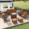 LayinSun 10 Piece Wicker Outdoor Furniture Set with 6-inch Comfy Cushions, High Back Patio Furniture Set with Swivel Rocking Chairs and Fire Pit Table