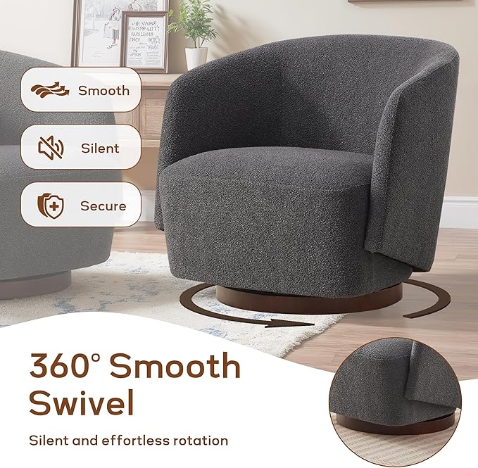 Boucle Swivel Accent Chairs Set of 2, No Assembly Upholstered Armchair with Rubberwood Base, 360° Rotating Living Room Chairs Set of 2 for Bedroom, Apartment & Reading Nook (2, Grey)