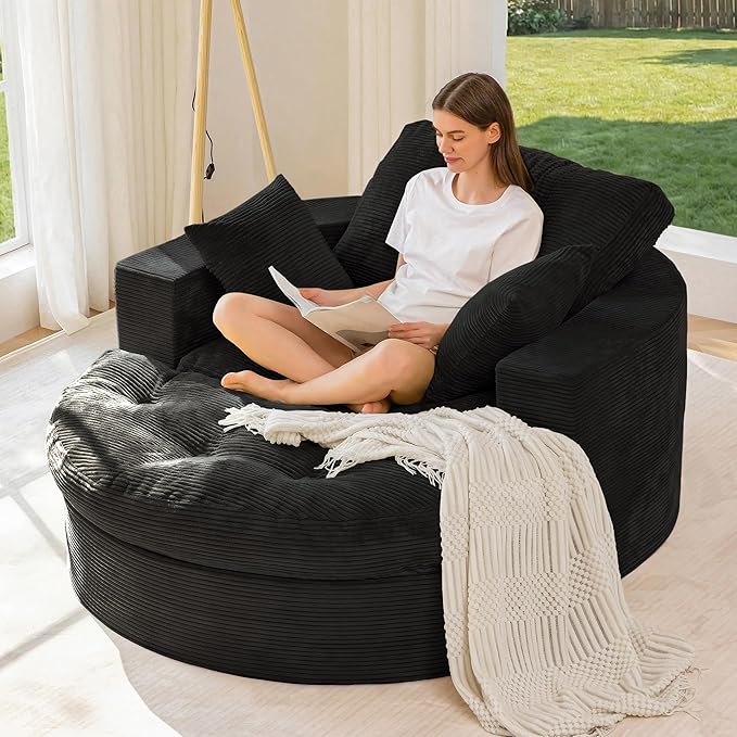 MAXYOYO Oversized Round Chaise Lounge Sofa, Upholstered Lounge Chair with 3 Pillows, Boneless Sofa Couch with Ottoman, Deep Seat Sleeper Chair for Living Room, Bedroom, No Assembly, Black
