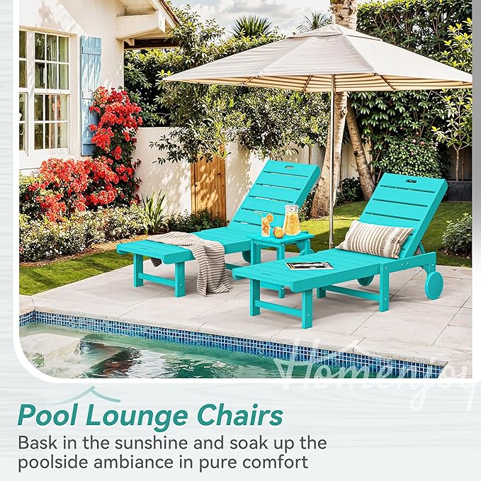 Homenjoy Outdoor Chaise Lounge Chairs Set of 2, 2-Piece, 26.8” Super Wide Lounge Chair Outdoor, HDPS Pool Chairs with 5 Positions, Patio Lounge Chair with Wheels for Pool,Lawn,Backyard, Aruba Blue