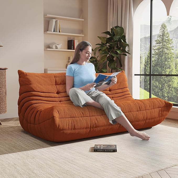 Bean Bag Chair, Oversized Bean Bag Chair for Living Room, Fireside Chair for Adults with Memory Foam Filled, Big Accent Lounge Floor Sofa for Reading, Relax, No Assembly Required. (Orange 3-Seater)