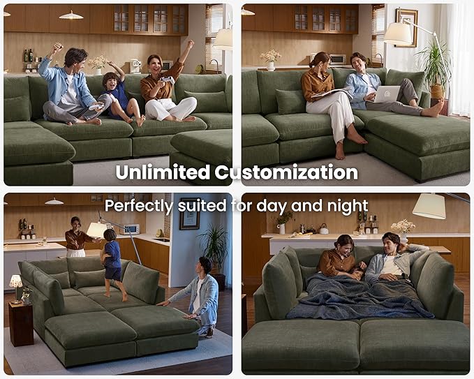Oversized Modular Sofa, Extra Deep Cloud Chenille Sectional Couch with Ottoman Chaise, Fluffy Chenille 4 Seater Sofa for Living Room, Villa (Basic 4 Seater, Chenille Green)