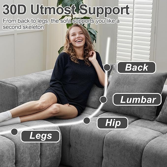 119" Boneless Couch, Cloud Sectional Couch with Deep Seat, High-Density Memory Foam and Chaise, Sectional L Shaped Sofa, Boneless Couches for Living Room, Tufted Sofa No Assembly Needed, Light Grey