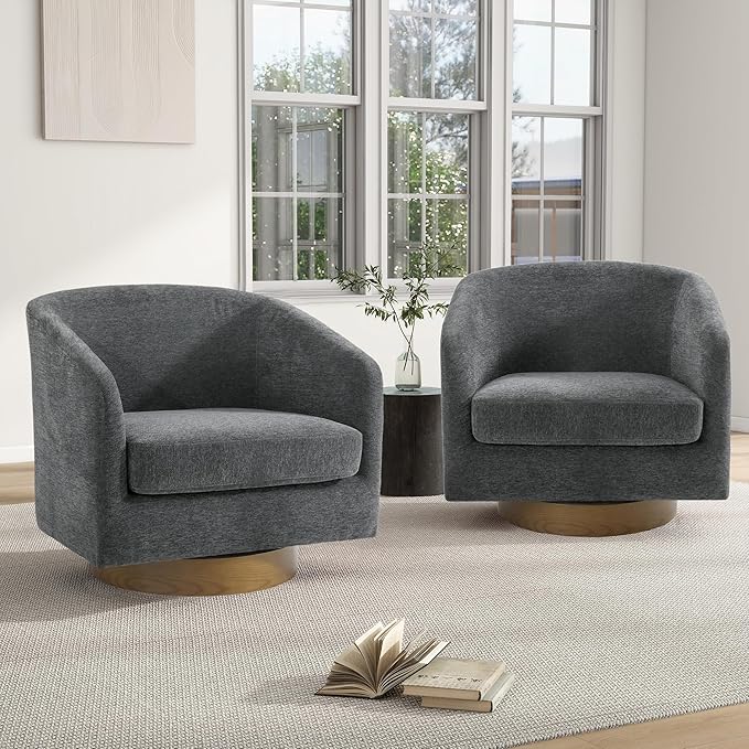 Swivel Barrel Chair, Modern Round PU Leather Accent Armchair for Living Room, Bedroom, Oversized Comfy Club Reading Chairs for Adults (Chenille Grey, Set of 2)
