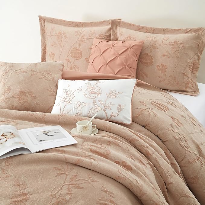 Grand Avenue Floral Comforter Set King Size, Blush 7 Pieces Jacquard Bedding Set, Cotton &Polyester Bedding, All Season, Bedskirt, Pillows Shams