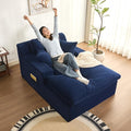 63" Oversized Boneless Chaise Lounge Chair, Extra Cloud Layer, Convertible Sleeper Sofa Couch with Removable Pillows & Side Pockets, Corduroy Upholstered Sofa Bed with Armrests for Living Room, Blue