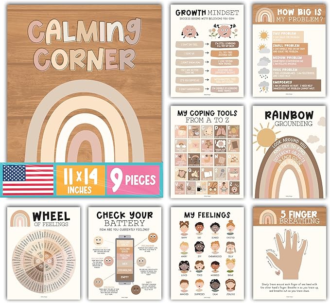 Hadley Designs 9 Calming Corner Posters For Classroom Must Haves For Teachers - 11x14 Calm Down Corner Supplies, Feelings Chart For Kids Ages 4-8, Feelings Wheel Poster, Boho Classroom Decor