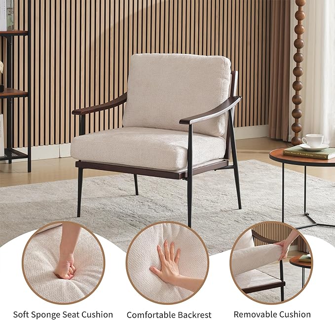 Furrnook Modern Accent Chair, Mid Century Modern Accent Chairs, Linen Fabric Arm Chair with Wood Armrests, Upholstered Leisure Chair for Living Room, Bedroom, Reception Room, White