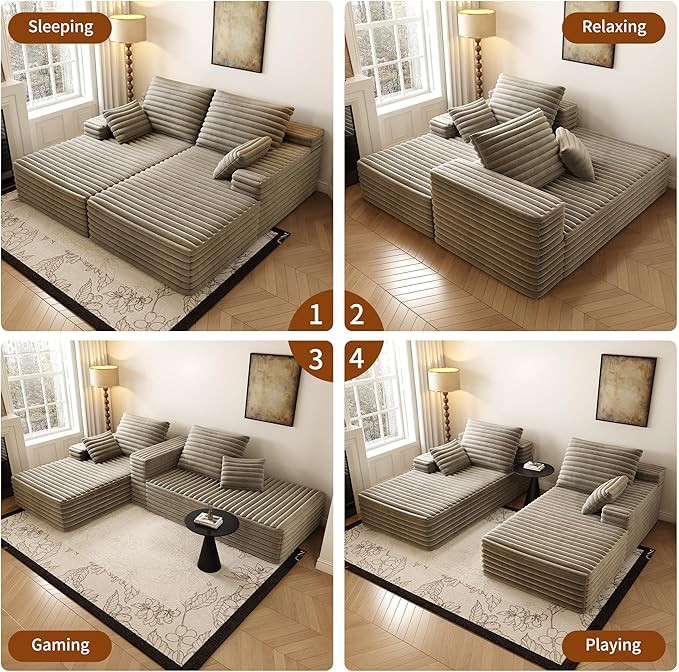 80” Oversized Double Lounge Chaise,Cloud Plush Sofa Bed,Upholstered Boneless Cloud Sofa Deep Seat,No Assembly Required,Modern Corduroy Sleeper Loveseat Chair for Living Room Bedroom Reading,Camel