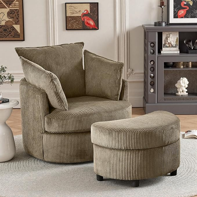 Chorlenimi Swivel Accent Chair Round Barrel Armchair Upholstered Living Room Chair Corduroy Reading Chair Single Sofa Chair for Bedroom Apartment Office (Brown, Upgrade 1Seater+ Ottoman)
