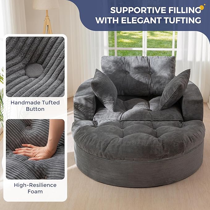 MAXYOYO Modular Sectional Chaise Lounge Sofa, Round Upholstered Lounge Chair with Ottoman, Comfy Couch with Layered Cushion, Tufted Sleeper Chair for Living Room, No Assembly, Dark Grey