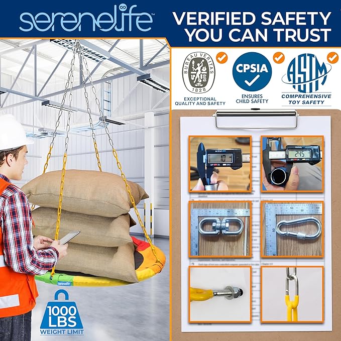 SereneLife 40" Saucer Swing - Outdoor Swing Set with Heavy-Duty Chains & Hanging Kit, Swinging Seat Spinner with Pillow & Carry Bag, Weatherproof, Water-Resistant, Supports Up to 700 lbs, Rainbow