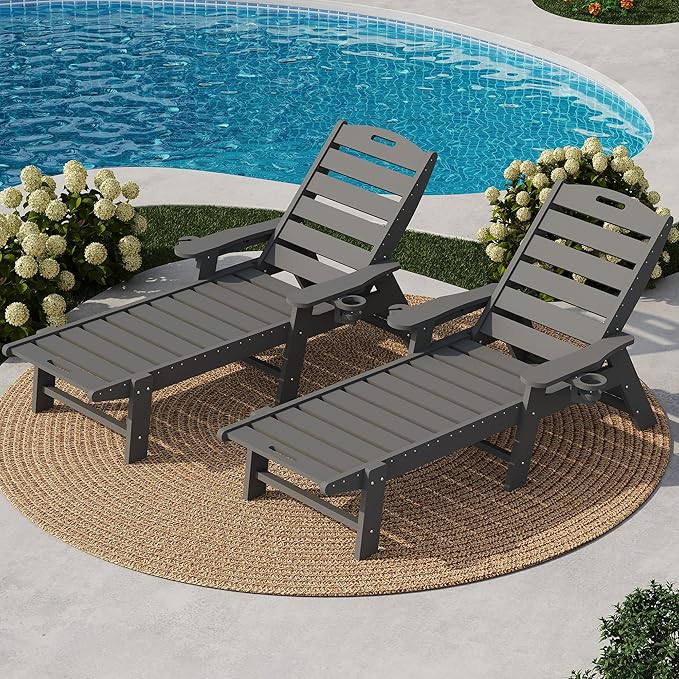 GarveeLife Outdoor HDPE Chaise Lounge, Oversize HDPE 5-Position Pool Lounge Chairs, Pool Lounges Chairs