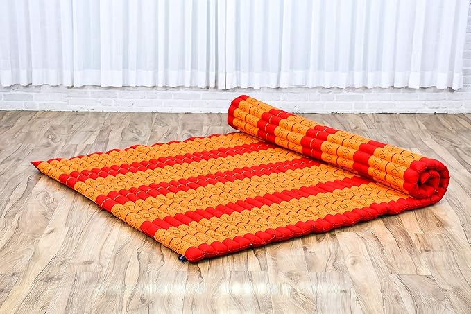 Leewadee - Foldable Floor Mattress - Japanese Roll Up Futon -Trifold Tatami Mat- Guest Floor Bed - Camping Mattress - Thai Massage Mat, Kapok Filled, 75 x 57 inches, Orange Red