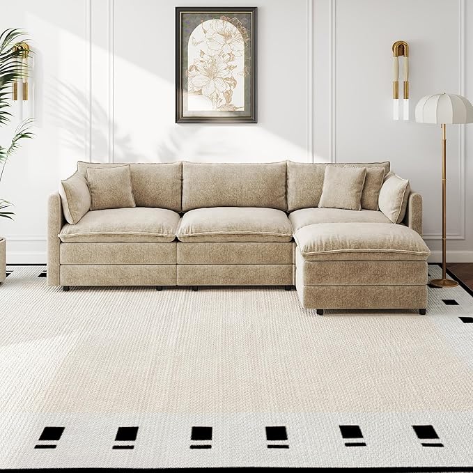Aoowow Modular Sectional Sofa Modern Convertible L Shaped Couch,112.2 Inch Deep 3-Seater Sofas Set Comfy Chenille Cloud Sofas and Couches with Movable Ottoman for Living Room Apartment（Camel）