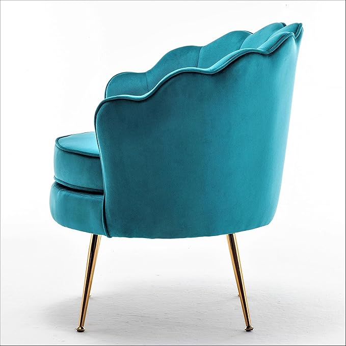 Container Furniture Direct Velvet Barrel Accent Chair with Scalloped Silhouette and Gold Metal Legs, Decorative Piece Suitable for Traditional, Modern, and Contemporary Spaces, Greenish Blue