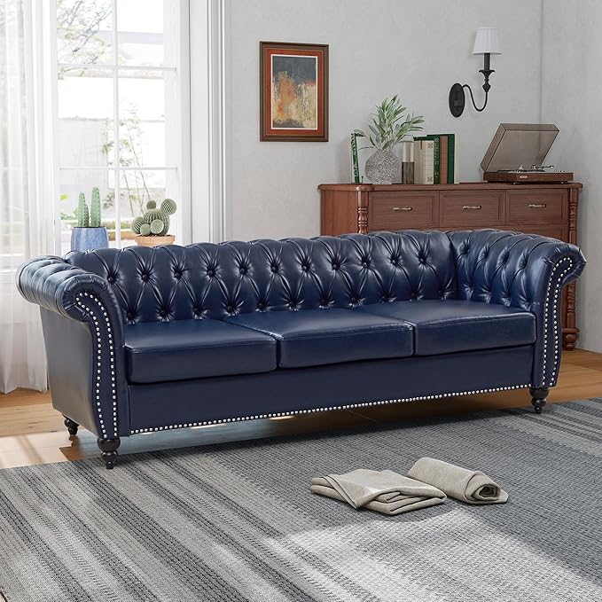 QHITTY Accent Large Sofa, Chesterfield Couch 3 Seater Modern Leather Couch Upholstered Sofa with Tufted Back for Living Room Furniture (Blue)