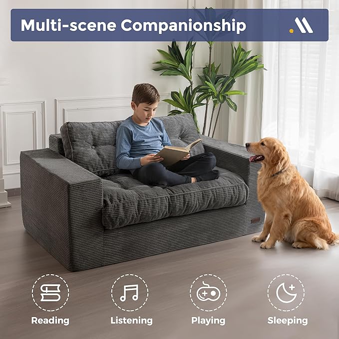 MAXYOYO Bean Bag Chair for Adults, Upholstered Floor Sofa with Armrests, Loveseat Boneless Couch with Tufted Cushion & Backrest, Sofa in A Box, Large Bean Bag Couch for Bedroom Living Room, Dark Gray