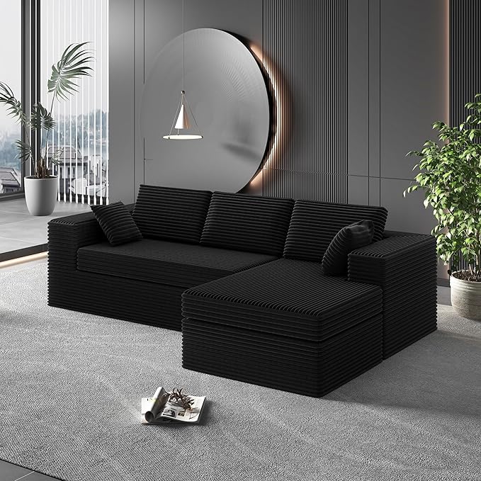 luckyvo 108-inch Boneless Couch for Living Room，Comfy Boneless Sofa with Deep Seats & Chaise Lounge, 3-Seat Modular Sofa Memory Foam Sectional Couches - No Assembly Required(Dark Black)