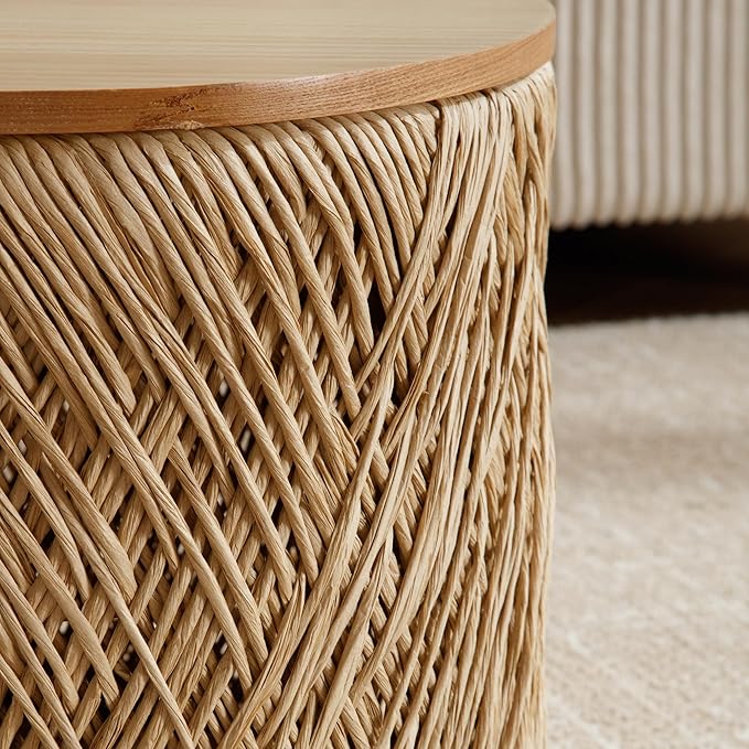 LZAREAL Farmhouse Round Coffee Table with Storage Boho Living Room Table with Lifting Top Hand-Woven Rattan Nesting Coffee Tables for Living Room, Natural