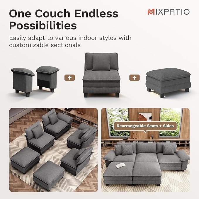 MIXPATIO 87" Cloud Modular Sectional Loveseat, 2-Seater w/Deep Seat & Removable Arms, Plush Corduroy for Small Living Room & Apartment - Gray
