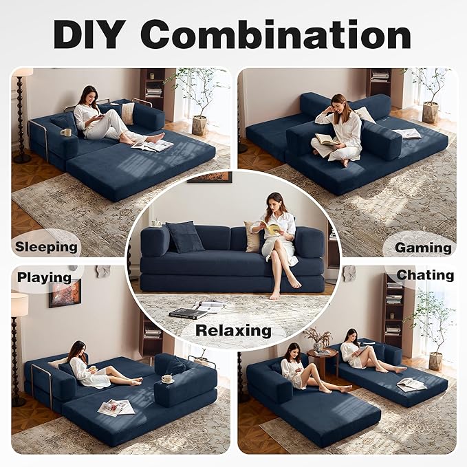 LIAROO 78.8" Convertible Sofa Bed -Compression Sofa with Corduroy Fabric - with Armrests and Backrest - Modular Sectional for Living Room, Bedroom, Studio - Compression Sofa in Box (Dark Blue)