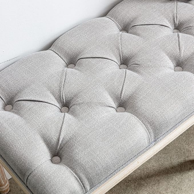 DM Furniture Farmhouse Dining Bench 48" Long Vintage Tufted Bench with Wood Legs Upholstered Entryway Bench Fabric End of Bed Bench for Bedroom Living Room Hallway, Grey