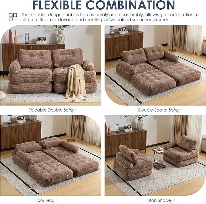 Folding Sofa Bed with Armrest,Convertible Sleeper Chair for Adults, Folding Sofa Bed Foam Filling Couch with Pillow，Sleeper Chairs Single Size Floor Mattress,Brown