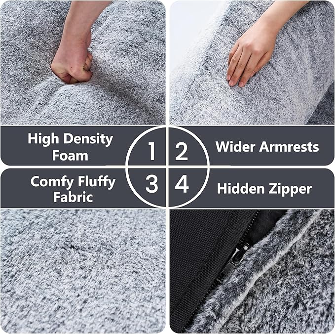 Bean Bag Chairs for Adults, Giant Beanbag Sofa Comfy Reading Chair, Oversized Bean Bag Chairs for Living Room Bedroom, Soft Faux Fur Fabric, 3.2FT, Dark Grey, Plush