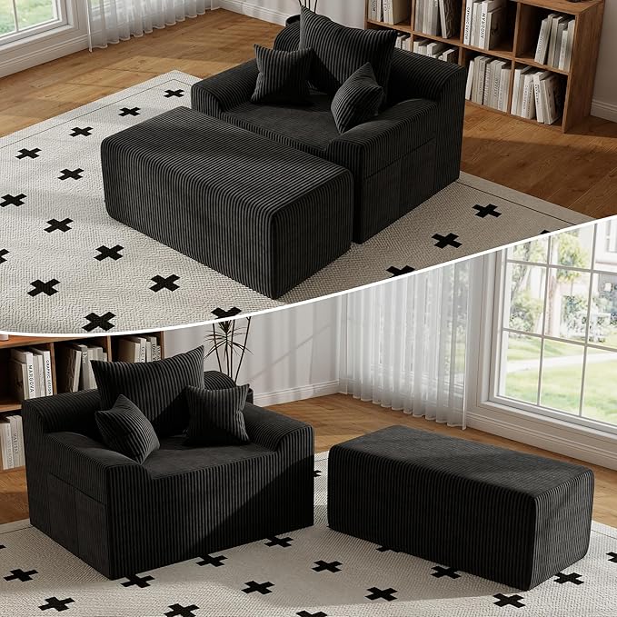 LSSBOUGHT 60'' Chaise Lounge Chair Indoor, Oversized Upholstered Sofa Bed, Sleeper Couch Reading Chairs Plush Corduroy Fabric Sofas Couches for Living Room (Black)