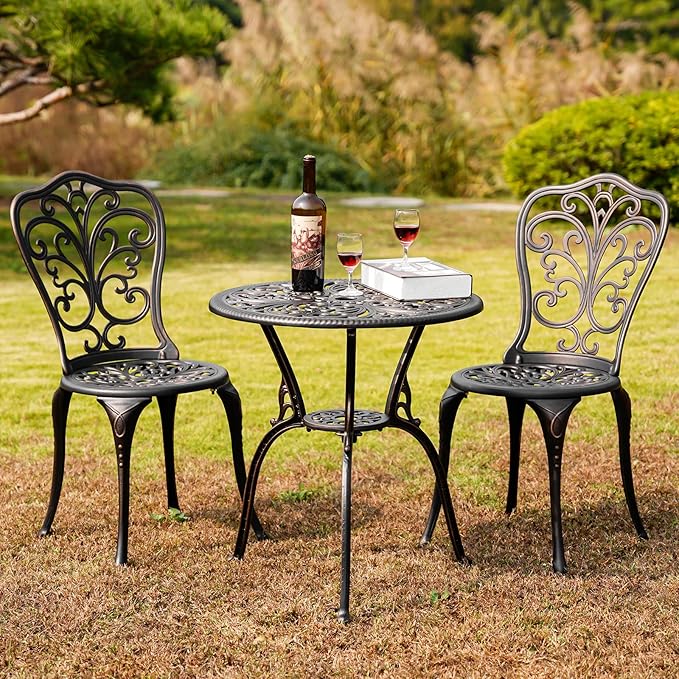 Withniture 3 Piece Outdoor Bistro Set All Weather Patio Table and Chairs Set, Cast Aluminum Patio Bistro Sets with 1.97” Umbrella Hole, Metal Patio Furniture Set for Front Porch Garden, Bronze