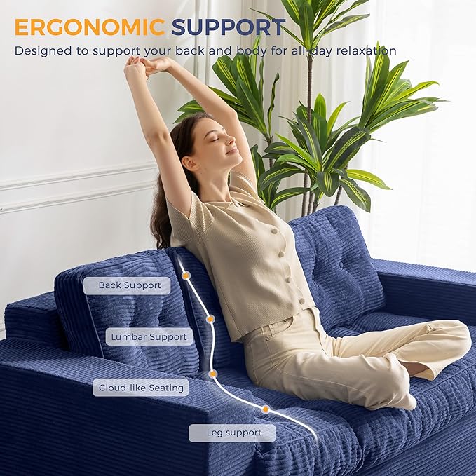MAXYOYO 3-Seater Boneless Sofa Couch, Tufted Corded Sofa Lounge for Living Room, Comfy Bean Bag Chair High-Density Foam Couch with Pillows, No Assembly Required