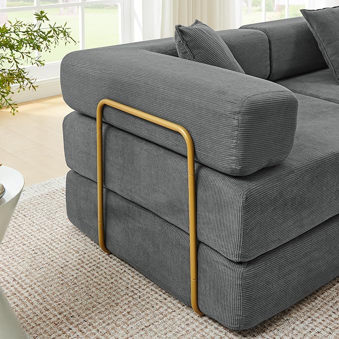 108" Convertible Sleeper Sofa Bed, Corduroy Folding Sofa Bed with Fixed-Shape Frame, Fold Out Floor Mattress Couch, Lazy Compression Sofas for Living Room, Bedroom, No Assembly Required,Grey