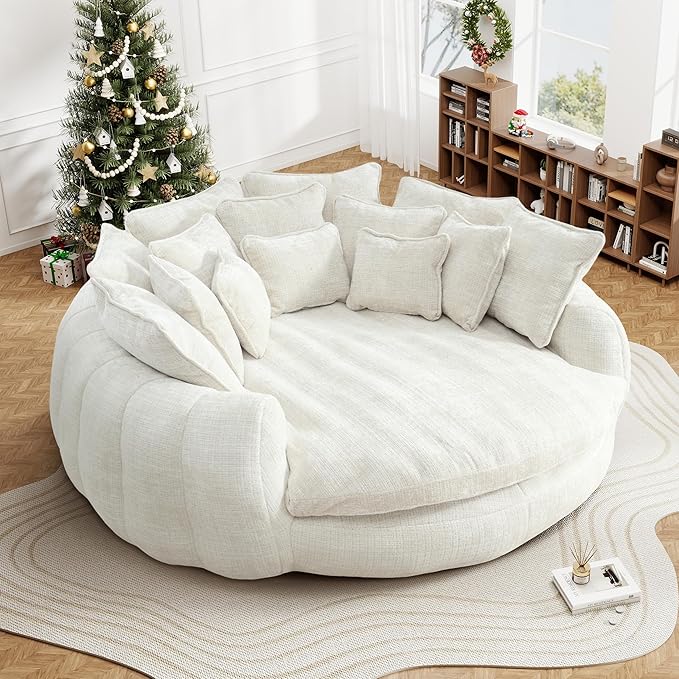 82'' Oversized Upholstered Sofa Bed, Round Chaise Lounge Chair Indoor, Modern Chenille Boneless Couch, No Assembly Required, Plush Sleeper Chair with 14 Pillows for Living Room, Beige