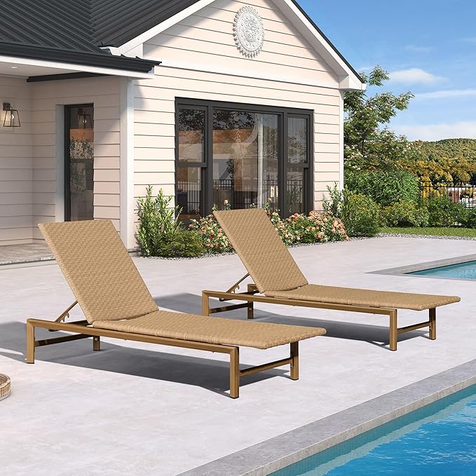 PURPLE LEAF Patio Chaise Lounge Chairs Outdoor 1 Piece, Wicker Pool Lounge Chairs for Outside with Adjustable Backrest, Aluminum Sunbathing Lounger for Patio, Poolside, Garden, Light Brown