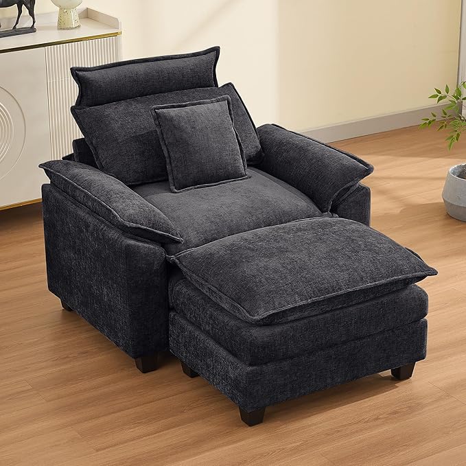 46''Cloud Sofa Chair with Detachable Headrest, Oversized Upholstered Arm Accent Chair with Ottoman, Modern Chenille Reading Lounge Comfy Armchair for Living Room,Bedroom, Dark Grey
