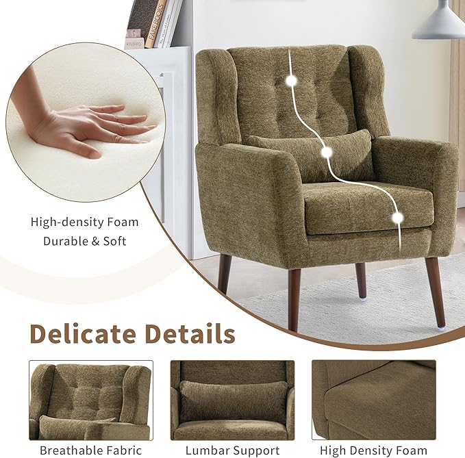 CHSICFOR Modern Accent Chair, Upholstered Arm Chair with Waist Pillow, Single Sofa Chair for Living Room Bedroom Small Spaces (Olive)