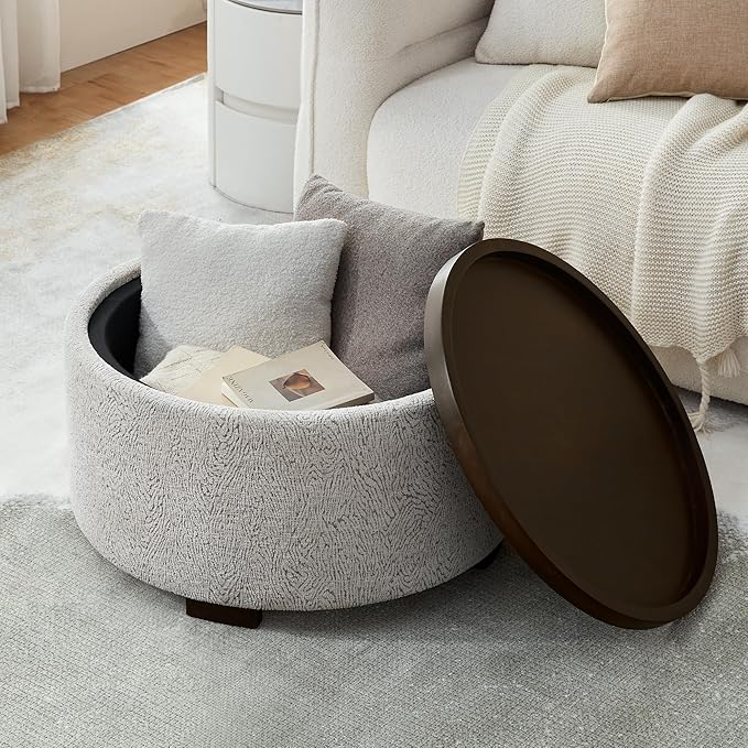 30 Inch Round Storage Ottoman, Ottoman Coffee Table with Lift Off Lid, Boucle Modern Ottomans with Storage for Living Room, Bedroom, Apartments (White and Gray Striped)