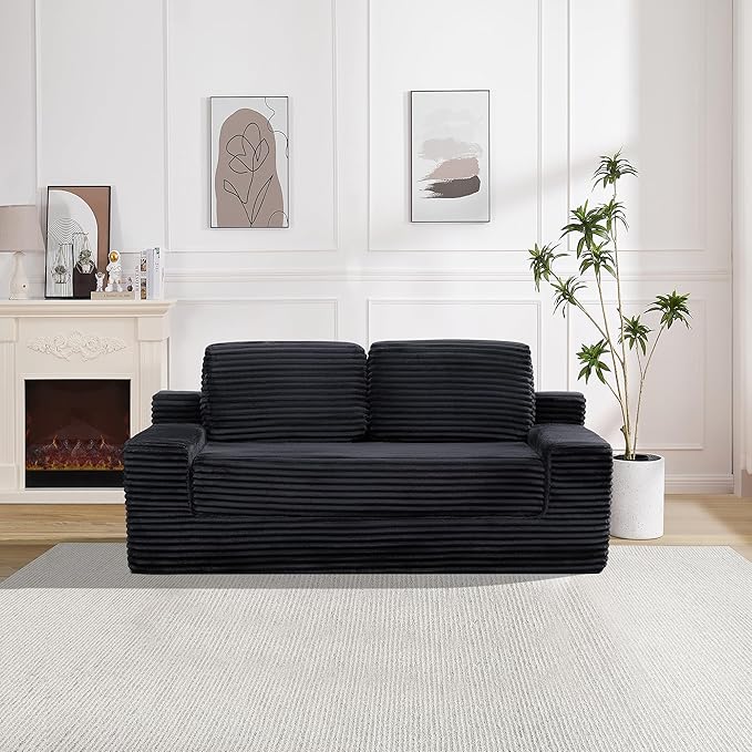 Loveseat Cloud Boneless Couch, Upholstered Floor Sofa with Armrests, 2-in-1 Convertible Corduroy Couch Bed for Living Room, Apartment, Black