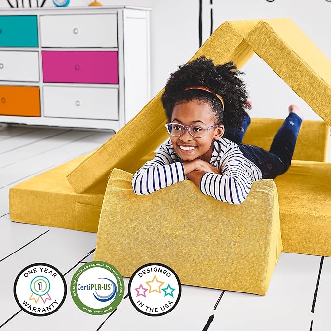 Yourigami Kids and Toddler Play Couch, Convertible Folding Sofa, Durable Foam Modular Design, Sunflower Yellow