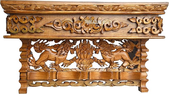 Tribe Azure Fair Trade Small Snow Lion Altar Table, Hand Carved Wooden Table with Majestic Garuda, 16 in x 9 in x 9 in