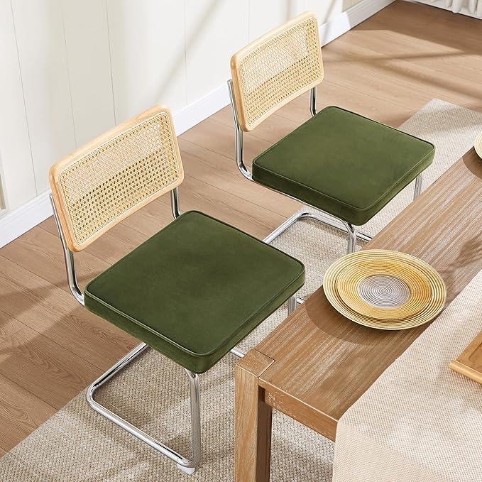 Zesthouse Natural Rattan Dining Chairs Set of 2, Olive Green Modern Kitchen Chairs with Solid Wood Back & Chrome Base, Mid Century Breuer Design Inspired, Upholstered Velvet Fabric