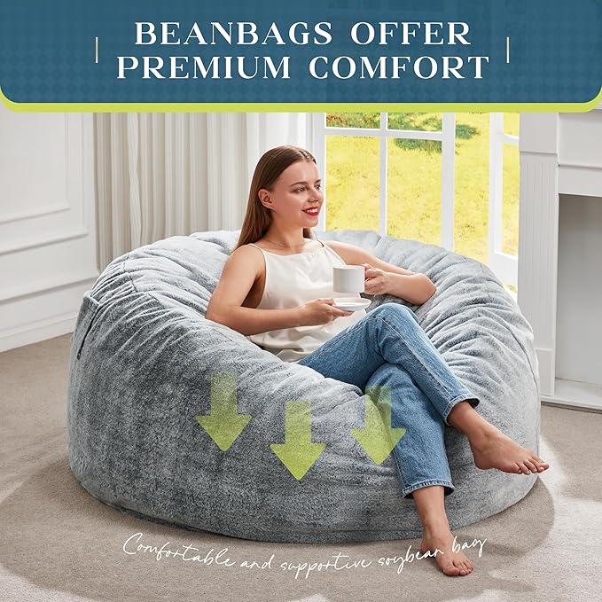 Hobestluk Bean Bag Chairs Giant Beanbag Chair with Filler, Memory Foam Bean Bags with Fluffy & Machine Washable Cover, Bean Bag Chairs for Aduts for Living Room, Bedroom (Grey, 3FT - 36” x 36” x 22”)